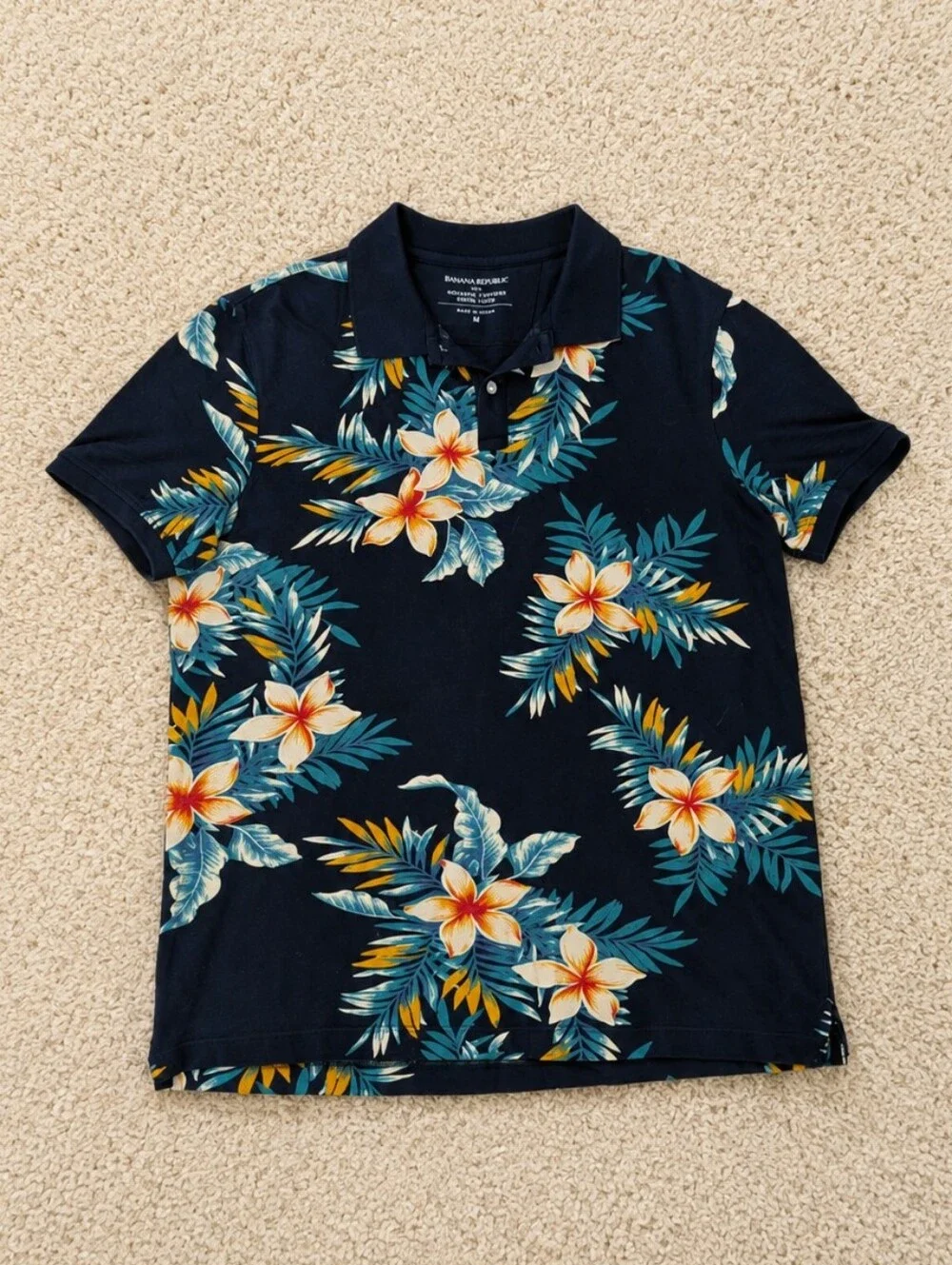 Banana Republic Men's Organic Cotton Pique Polo Tropical Hawaiian Floral Navy M